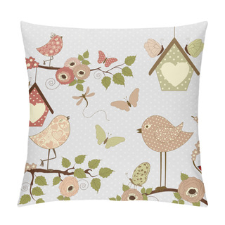 Personality  Floral Background With Birds And Butterflies Pillow Covers