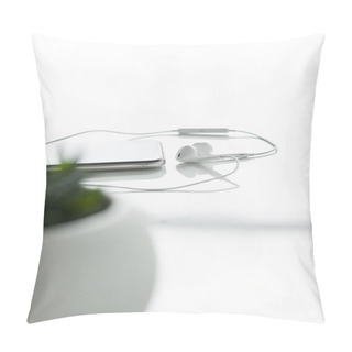 Personality  Selective Focus Of Smartphone And Wired Earphones Isolated On White Pillow Covers