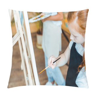 Personality  Selective Focus Of Adorable Kids Painting On Canvas  Pillow Covers