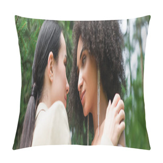Personality  Low Angle View Of Lesbian Woman In Suit Hugging African American Girlfriend In Park, Banner  Pillow Covers