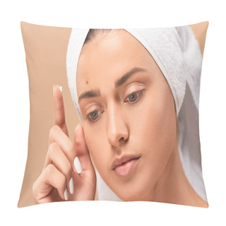 Personality  Young Woman In Towel With Treatment Cream On Finger Isolated On Beige  Pillow Covers