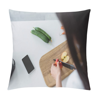 Personality  Overhead View Of Blurred Woman Cutting Apple Near Smartphone With Blank Screen And Fresh Cucumbers Pillow Covers