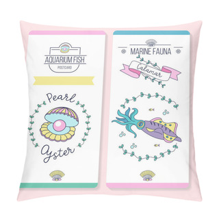 Personality Vector Cards With Sea Creatures. Squid And Shell With A Pearl. Pillow Covers
