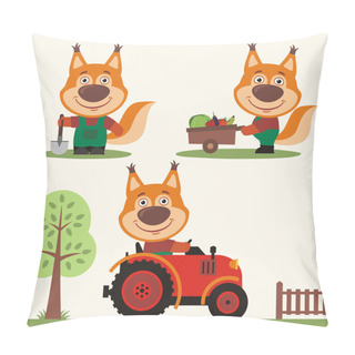 Personality  Set Of Cute Funny Cartoon Characters Of Squirrel Farmers Working On Farm With Shovel And Wheelbarrow  Pillow Covers