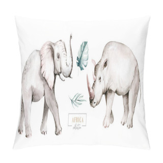 Personality  Watercolor Frican Elephant Animal And Rhinoceros Isolated On White Background. Savannah Rhipo Wildlife Cartoon Zoo Safari Poster. Jungle Decoration. Pillow Covers