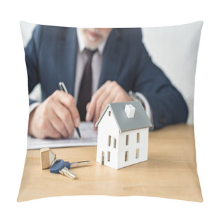 Personality  Selective Focus Of House Model Near Keys And House Dealer  Pillow Covers