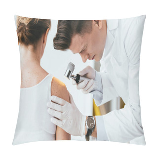 Personality  Handsome Dermatologist Holding Dermatoscope While Examining Patient   Pillow Covers