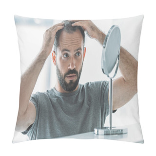 Personality  Bearded Mid Adult Man With Alopecia Looking At Mirror, Hair Loss Concept Pillow Covers