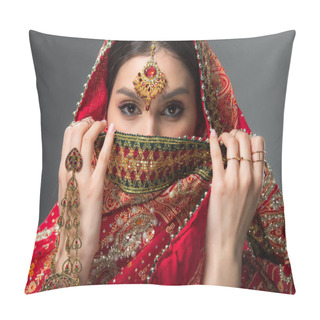 Personality  Beautiful Indian Woman With Bindi Closing Face, Isolated On Grey  Pillow Covers