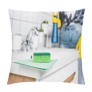 Personality  Green Rag And Sponge On Sink Near Woman In Rubber Gloves Cleaning Bathroom On Blurred Background  Pillow Covers
