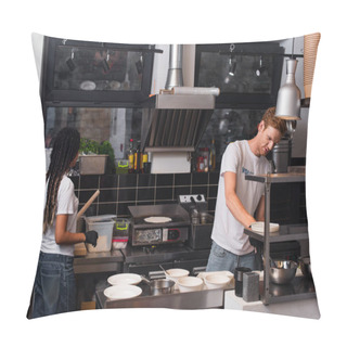 Personality  Young Multiethnic Volunteers In T-shirts Cooking Together In Kitchen Pillow Covers