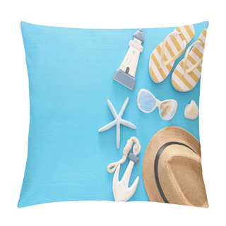 Personality  Vacation And Summer Image With Sea Life Style Objects Over Blue Wooden Background. Pillow Covers