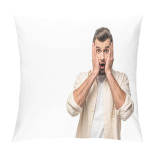 Personality  Surprised Man Looking At Camera And Touching Face Isolated On White With Copy Space Pillow Covers