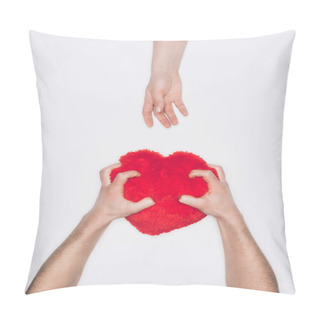 Personality  Cropped Shot Of Man Squeezing Red Heart Pillow While Woman Reaching For It Isolated On White Pillow Covers