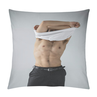 Personality  Sexy And Muscular Man In Trousers Taking Off White T-shirt On Grey  Pillow Covers