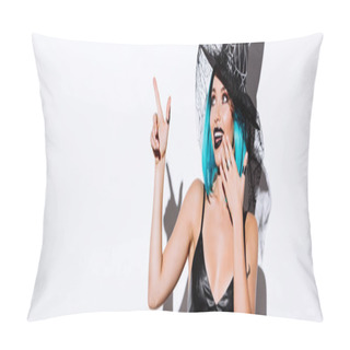 Personality  Panoramic Shot Of Smiling Girl In Black Witch Halloween Costume With Blue Hair Pointing With Finger On White Background Pillow Covers