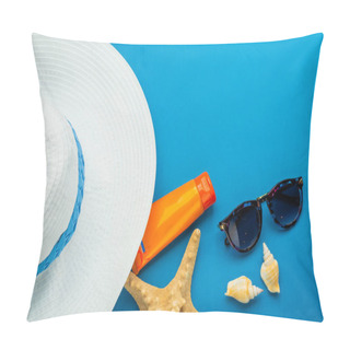 Personality  Top View Of Starfish, Sunglasses, Seashells, Sunscreen And Hat On Blue Background, Vacation Concept   Pillow Covers