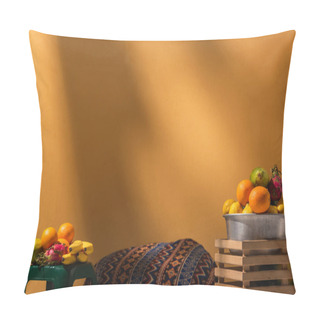 Personality  Exotic Fruits On Stool And In Metal Bowl On Orange Background On Orange Pillow Covers