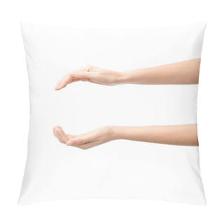 Personality  Cropped View Of Woman Showing Hold Gesture Isolated On White Pillow Covers