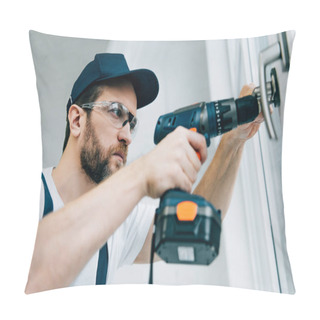 Personality  Adult Repairman In Goggles Fixing Window Handle By Electric Drill  Pillow Covers