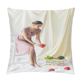 Personality  Brunette Woman Holding Red Bell Pepper Near Vegetables In Wooden Container On White Pillow Covers