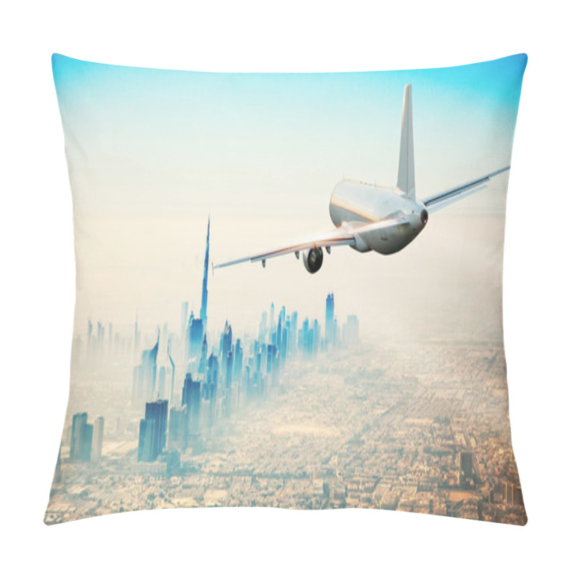 Personality  Commercial airplane flying over modern city pillow covers