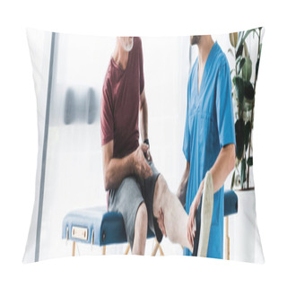 Personality  Panoramic Shot Of Doctor Touching Leg Of Mature Patient  Pillow Covers