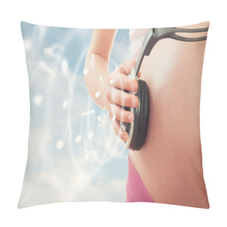 Personality  Concept Pregnancy And Music. Belly Of Pregnant Woman And Headpho Pillow Covers