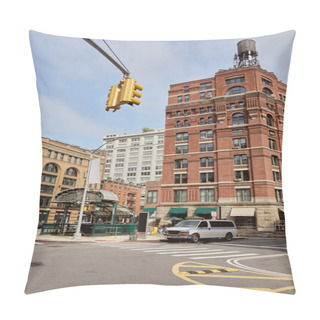 Personality  New York Street With Modern And Vintage Buildings Near Traffic Intersection With Traffic Lights Pillow Covers