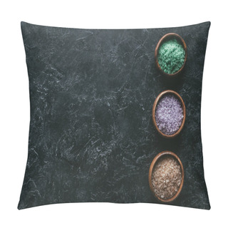Personality  Top View Of Different Sea Salt In Wooden Bowls On Black Marble Surface Pillow Covers