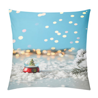 Personality  Little Christmas Tree In Snowball Standing On Blue With Spruce Branches In Snow And Blurred Lights  Pillow Covers
