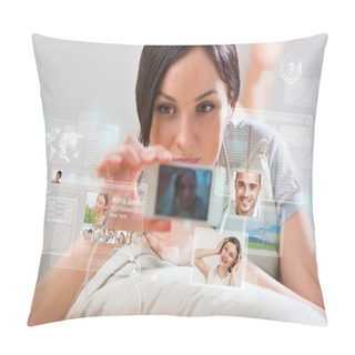 Personality  Young Pretty Woman Using Social Media On Her Smartphone Pillow Covers