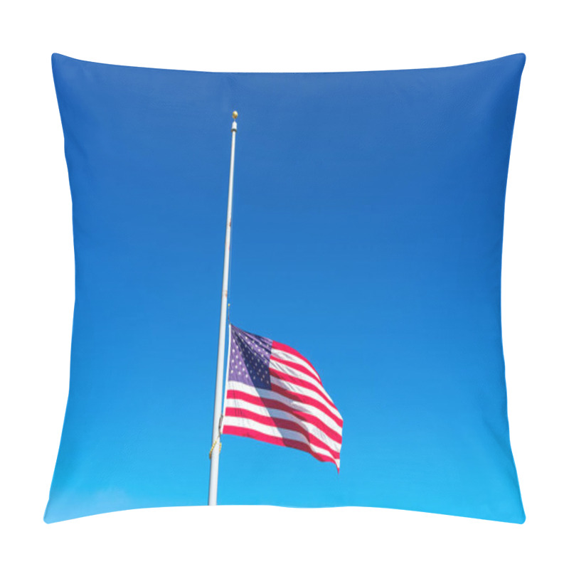 Personality  Flag Of The United States Flying At Half Staff Waving In The Wind Under Blue Sky. Pillow Covers