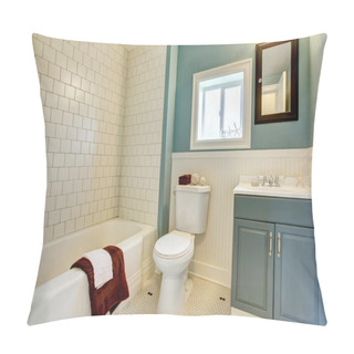 Personality  New Remodeled Blue Bathroom With Classic White Tile. Pillow Covers