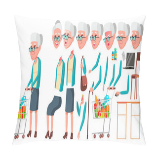 Personality  Old Woman Vector. Senior Person Portrait. Elderly People. Aged. Animation Creation Set. Face Emotions, Gestures. Beautiful Retiree. Life. Print Design. Animated. Isolated Cartoon Illustration Pillow Covers