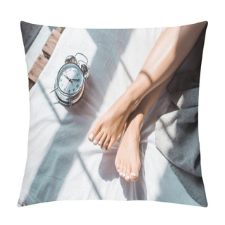 Personality  Partial Top View Of Female Feet And Alarm Clock On Bed  Pillow Covers