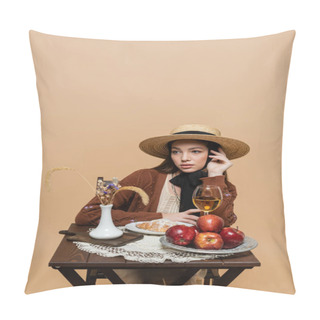 Personality  Stylish Model In Vintage Clothes Sitting Near Food And Plants Isolated On Beige  Pillow Covers