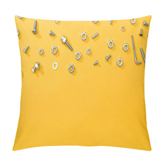 Personality  Top View Of Metal Nuts And Bolts On Yellow Background With Copy Space Pillow Covers