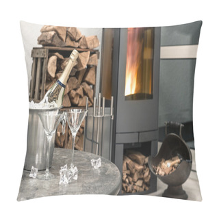 Personality  Festive Home Interior Wirh Champagne, Two Glasses And Fireplace Pillow Covers