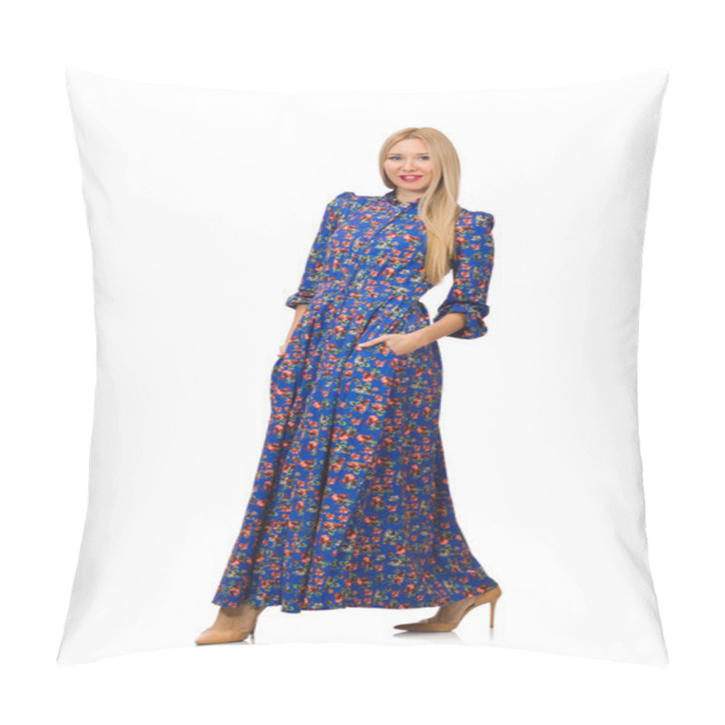 Personality  Young woman in blue floral dress pillow covers