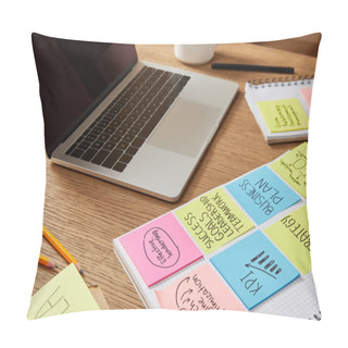 Personality  Paper Stickers With Business Strategy And Laptop On Wooden Tabletop Pillow Covers