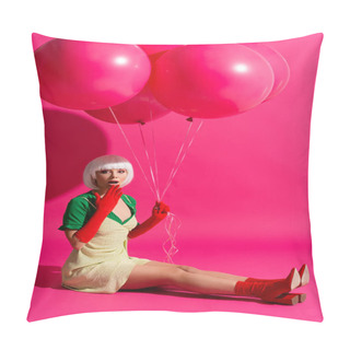 Personality  Shocked Fashionable Girl In White Wig Holding Balloons On Pink  Pillow Covers