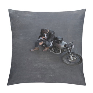 Personality  Top View To Brutal Man With Cafe Racer Custom Motorbike. Pillow Covers