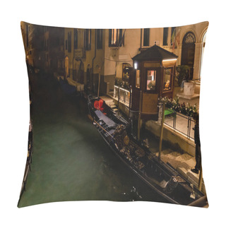 Personality  VENICE, ITALY - SEPTEMBER 24, 2019: Canal With Gondolas Near Ancient Building At Night In Venice, Italy  Pillow Covers
