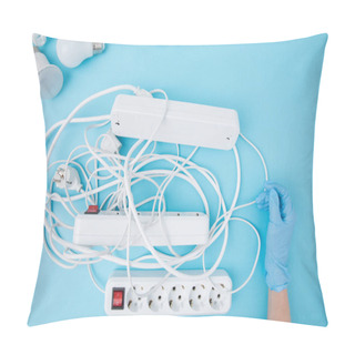 Personality  Partial View Of Female Hand In Protective Gloves And Extension Cords Isolated On Blue Pillow Covers