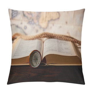 Personality  Selective Focus Of Rope, Map, Book And Compass On Wooden Table Pillow Covers