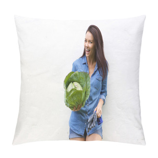 Personality  Smiling Young Woman Holding Cabbage Pillow Covers