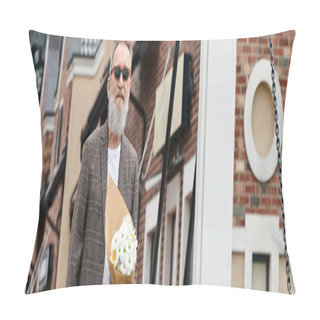 Personality  Senior Man With Beard And Sunglasses Holding Bouquet Of Flowers, Standing On Urban Street, Banner Pillow Covers