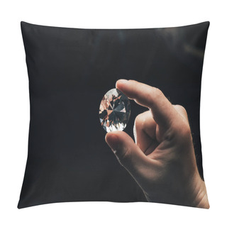 Personality  Partial View Of Man Holding Big Clear Shiny Diamond On Black Background Pillow Covers