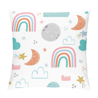 Personality  Seamless Pattern With Hand Drawn Rainbow, Moon And Clouds. Childish Texture For Fabric, Textile, Apparel. Vector Background Pillow Covers